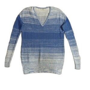 Womens Sweater Large Blue Ombre Stripe Knit V Neck Stretch Side Split Comfort